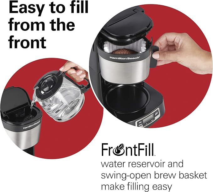 Hamilton Beach 5 Cup Drip Coffee Maker with Easy FrontFill Basket | Compact Design | Programmable Clock | Glass Carafe | Auto Pause and Pour | Black & Stainless Steel | 46111