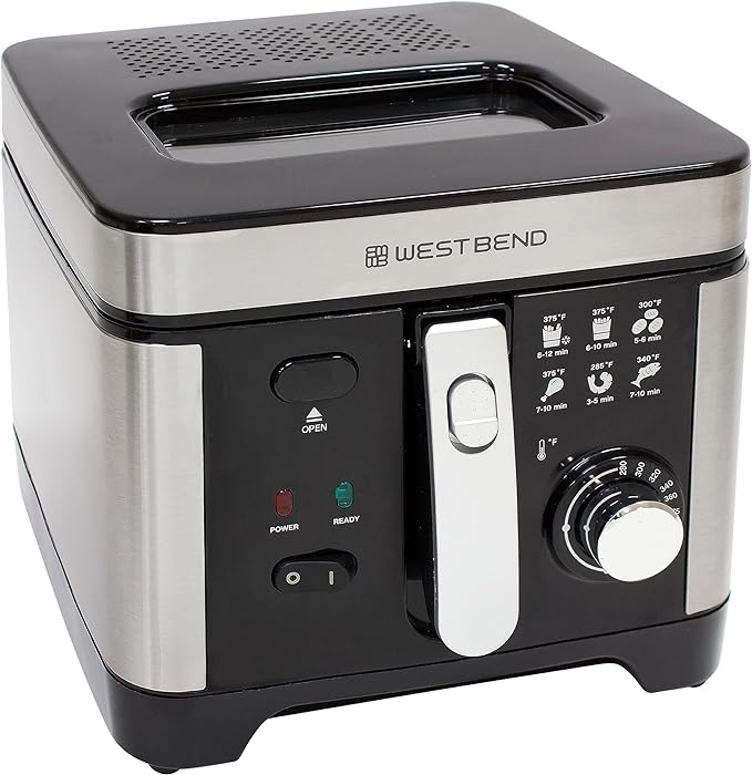 West Bend Deep Fryer with Adjustable Temperature Control Nonstick Basket Easy-View Window and Temperature Guide, Folding Handle and Locking Cover for Easy Storage, 3-Liter, Silver