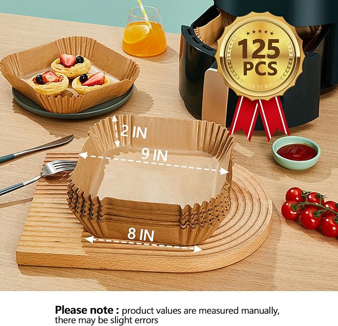 9 Inch Air Fryer Liners Disposable, 125PCS Non-Stick Air Fryer Liners, Oil-Proof & High-Temperature Resistant Square Baking Paper for Air Fryer, Microwave and Oven（Bottom Is 8 Inch）