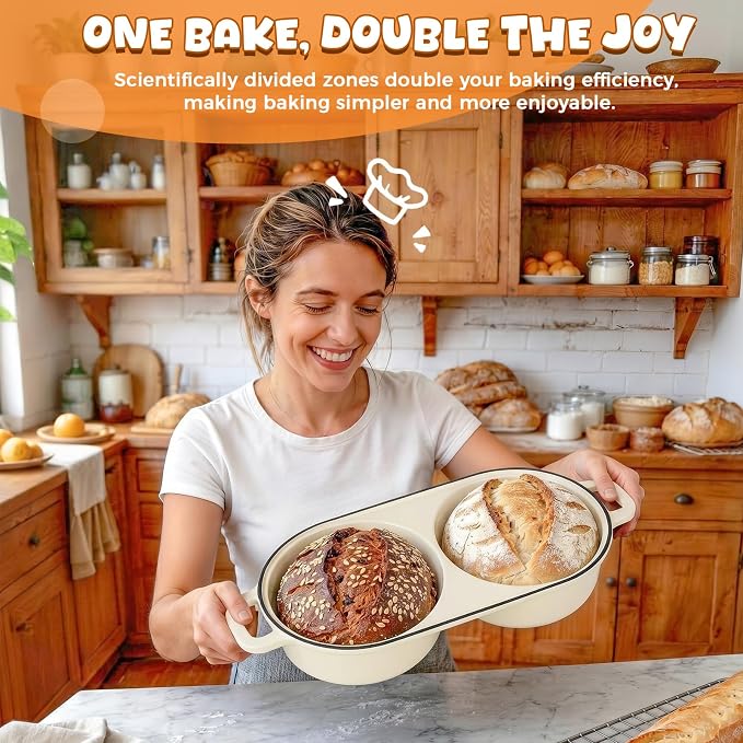 Double Dutch Oven for Sourdough Bread Baking, 2.2QT (White) | Enamelled Cast Iron Bread Pan with Lid, Double Round Loaf Space, 16.5cm Diameter, Mini Double Dutch Oven for Homemade Baking