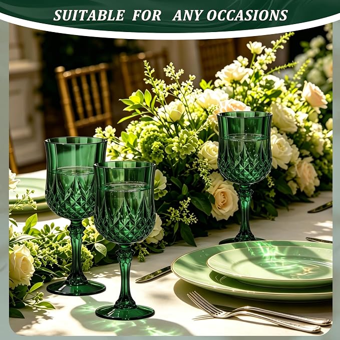 7OZ Plastic Wine Glasses, Reusable Vintage Goblets Unbreakable Drinking Glasses Crystal Water Cups Champagne for Wedding, Parties (48, Dark Green)