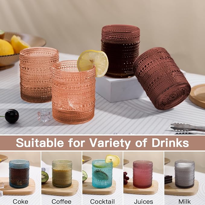 JOVGANK Venus Vintage Hobnail Drinking Glasses Set of 6, Embossed Water Tumbler 12oz, Kitchen & Bar Beaded Glass Cups, Beverage Glass Cups for Water, Beer, Juice, Housewarming Gift