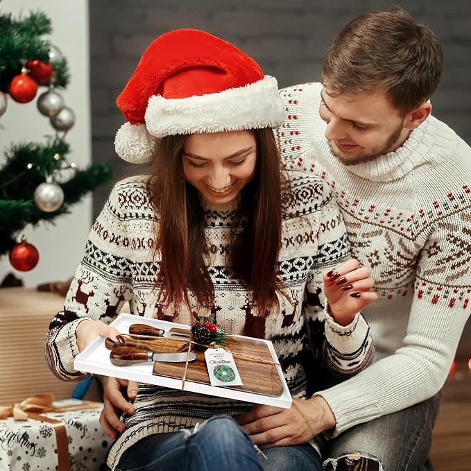 1 Set Christmas Gifts Bridal Shower Favor Acacia Wooden Square Cheese Board Gift Set With Knives, Mini Cutting Board Bulk Set, Tags and Boxes for Party Birthday