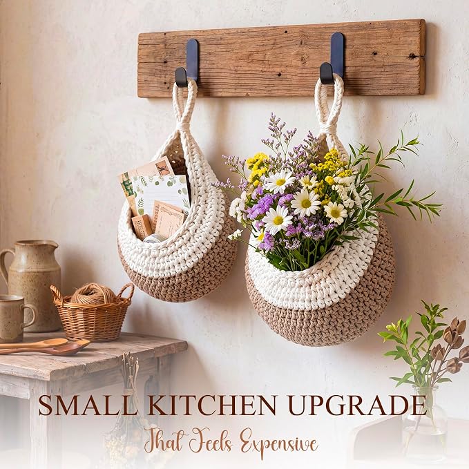 Honeydak Boho Decor Hanging Wall Baskets for Kitchen 3 Pack Teardrop Baskets with Hooks Storage Fruit Onion Vegetable Potato for Home 3 Sizes(White with Light Linen,Teardrop,Cotton Rope)
