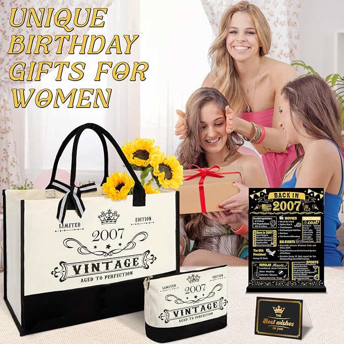 YeohJoy 19th Birthday Gift for Her Canvas Tote Bag Travel Gear, Unique 19 Years Old Birthday Gifts for Girlfriend Daughter Sister Friends Her, Vintage 2007 Handbag & Makeup Bag & 19th Greeting Card