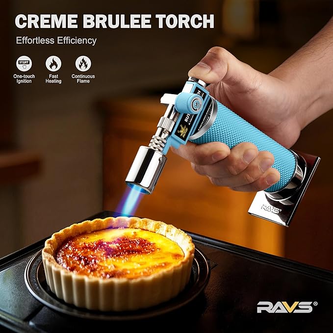 RAVS Butane Torch Lighter, Refillable Kitchen Torch with Adjustable Flame and Safety Buckle, Premium Metal Mini Torch for Baking, Soldering, Resin Art, Blue, Butane Not Included