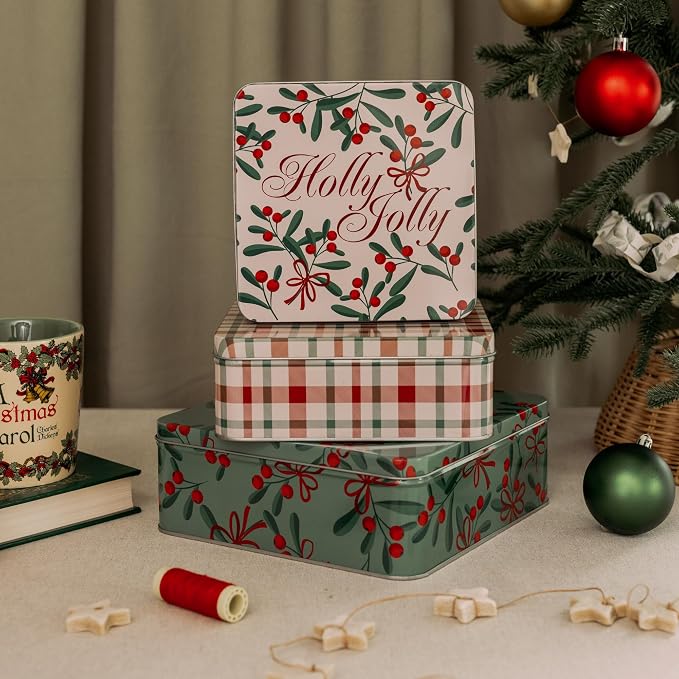 Steel Mill & Co Tin Containers with Lids, 3 Pack Christmas Cookie Tins, Festive Cookie Tins for Gift Giving & Holiday Treats, Square Metal Nesting Containers (Holly Jolly)
