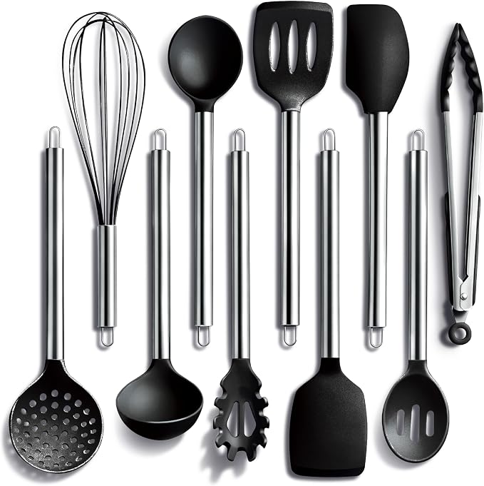 COOK WITH COLOR Silicone Cooking Utensils, Kitchen Utensil Set, Easy to Clean Silicone Kitchen Utensils, Cooking Utensils for Nonstick Cookware, Kitchen Gadgets Set, 10 Pieces, Black