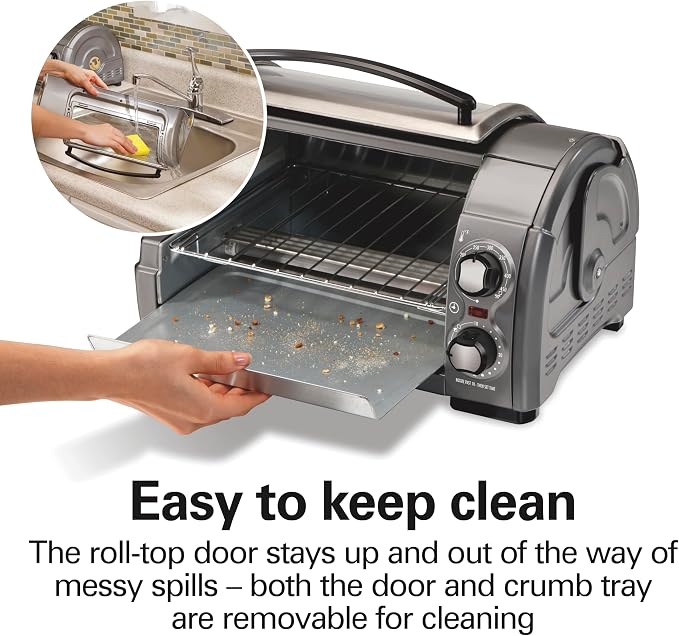 Hamilton Beach Easy Reach 4-Slice Countertop Toaster Oven With Roll-Top Door, 1200 Watts, Fits 9” Pizza, 3 Cooking Functions for Bake, Broil and Toast, Silver (31344DA)