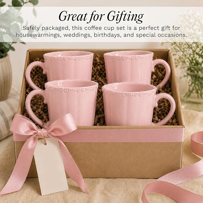SANGO Bethany Pink Mugs Set of 4, 15 oz Stoneware Pink Coffee Mugs, Vibrant Ceramic Drinkware for Coffee, Tea or Cocoa, Durable Everyday Cups, Dishwasher & Microwave Safe, Kitchen Mug Set