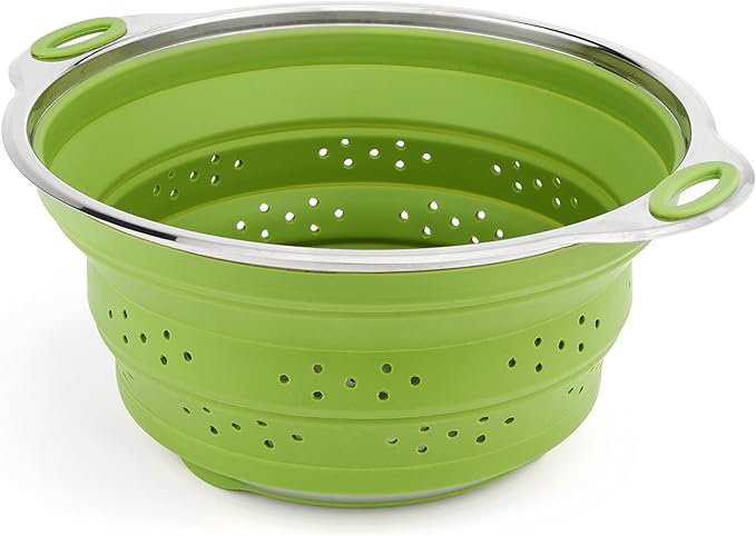 Best Large Collapsible Silicone Colander/Strainer with Stainless Steel Base by Chef Frog