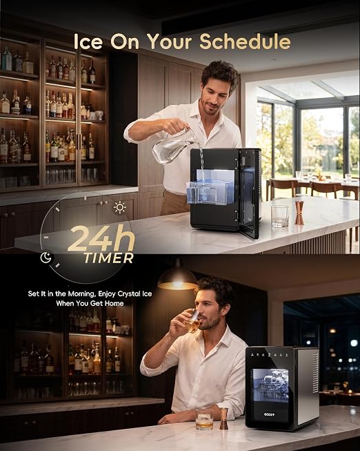 ecozy 2" Large Ice Cube Maker with CrystalFlux Technology, 2 pcs in 30 Mins with Eco Mode, 72 pcs/Day, 24H Timer, Clear Square Ice Machine with Self-Cleaning, Enhanced Insulation for Whiskey Bar
