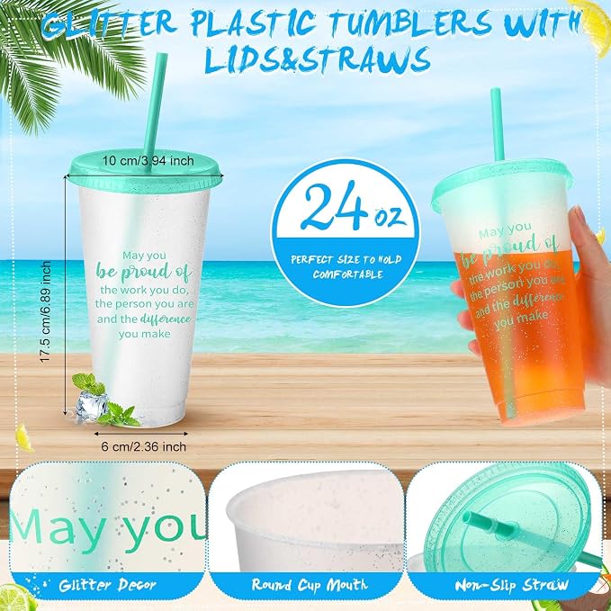 Dandat 16 Pcs Employee Appreciation Gifts Bulk 24 oz Thank You Cups Gift for Nurse Coworker Team Staff Teacher Inspirational Plastic Tumblers with Lids Straws (Clear)