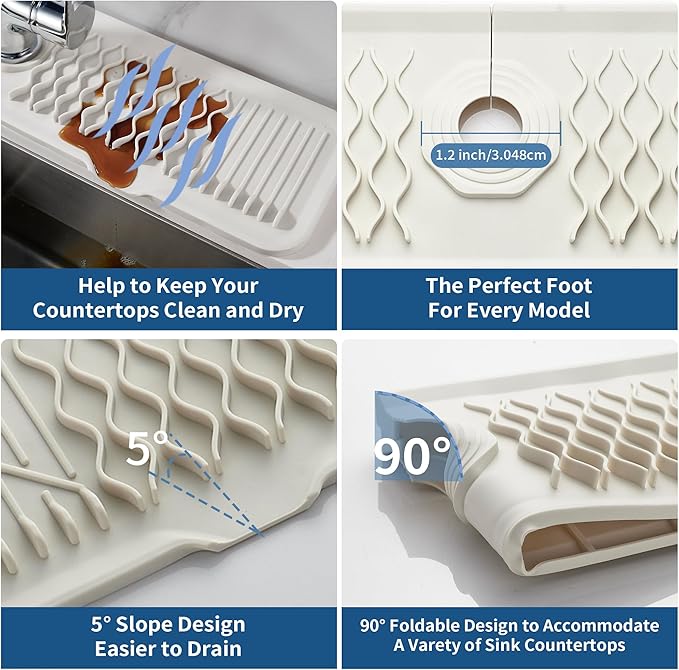 Kitchen Sink Splash Guard,24inch Silicone Draining Mat White Cream Longer Silicone Faucet Handle Drip Catcher Tray Kitchen Sink Splatter Screen for Kitchen
