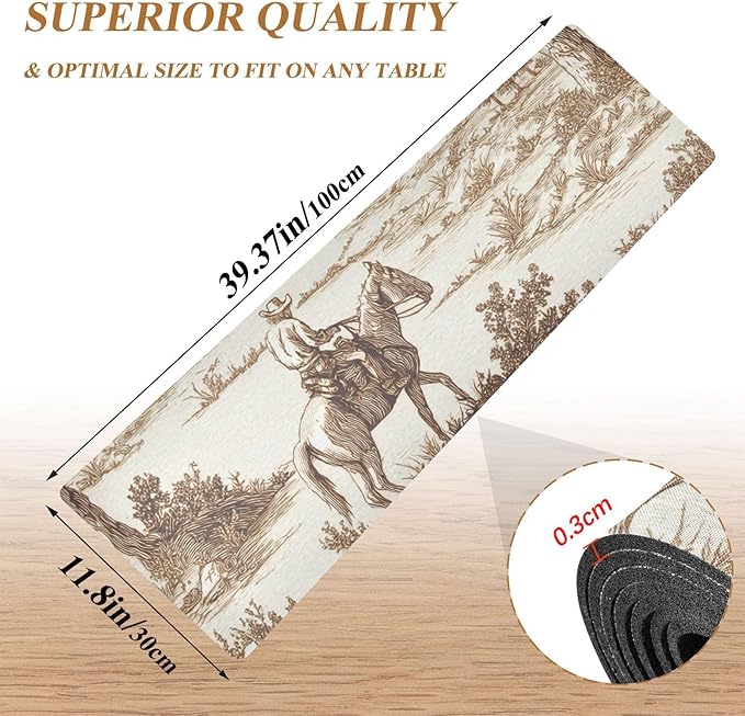 2-in-1 Table Runner Trivet for Hot Dishes Heat Resistant Hot Plate Mat Pad 39x12 Inch Waterproof Table Protector Trivets for Countertop Non Slip Decorative Cowboy Riding Horse Mountain Brown