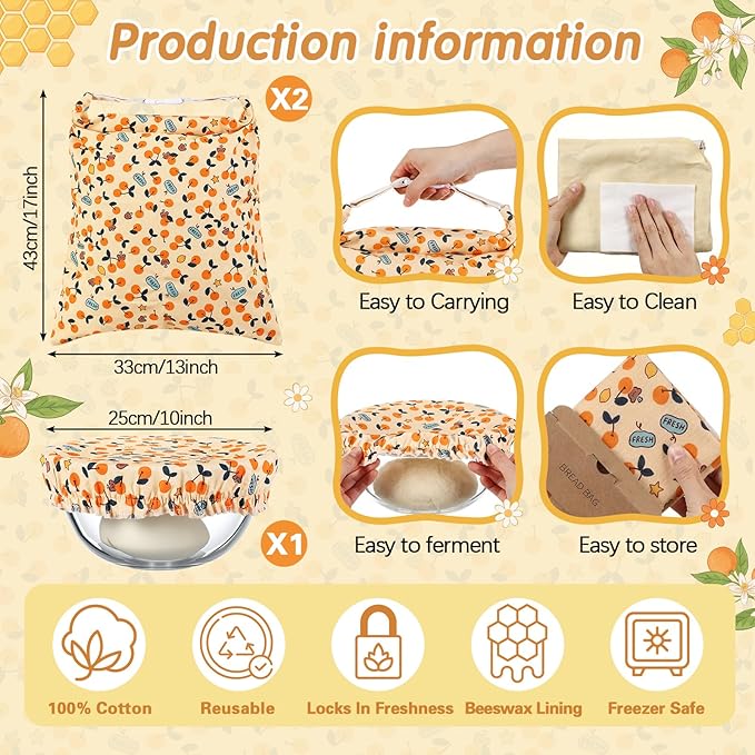 Reusable Beeswax Bread Bags for Homemade Bread Sourdough (2 Pcs 13x17in Bags + 10in Bowl Cover) Floral Cotton 100% Natural Beeswax Coating, Plastic-free Food Storage Wrap(Yellow Cherry)