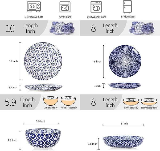 Selamica Ceramic Plates and Bowls Sets,32 Pieces Dinnerware Sets for 8,Scratch Resistant Dish Set for family gathering,Dishwasher & Microwave Safe, Vintage Blue