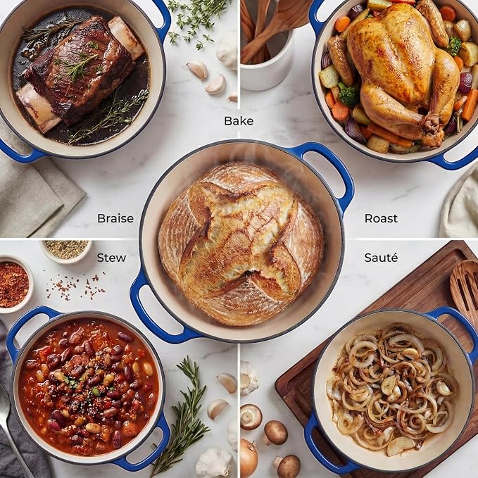 Zulay Kitchen 5 Quart Enameled Cast Iron Dutch Oven Pot with Lid – Premium Durability & Oven Safe up to 500°F – Heavy Duty Cookware Perfect for Bread Baking, Stews, Braising & Roasting – Blue