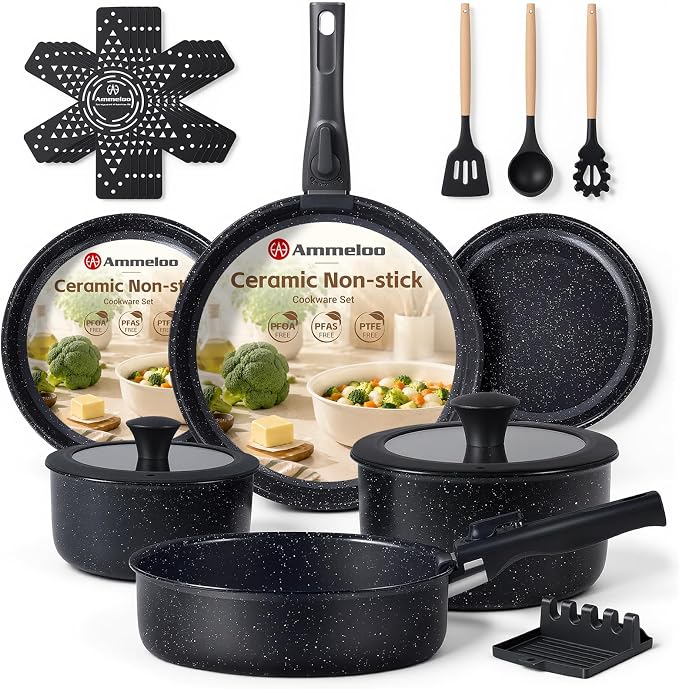 Ammeloo 21 Pcs Pots and Pans Set Non Stick, Ceramic Kitchen Cookware Set with Detachable Handle, Non Toxic Cooking Set for Kitchen, RV, Camping and Fridge, Induction Ready, Dishwasher/Oven Safe, Black