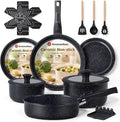 Ammeloo 21 Pcs Pots and Pans Set Non Stick, Ceramic Kitchen Cookware Set with Detachable Handle, Non Toxic Cooking Set for Kitchen, RV, Camping and Fridge, Induction Ready, Dishwasher/Oven Safe, Black