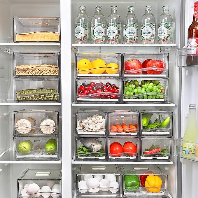 bealy 2 Pack Fruit Storage Containers for Fridge,Stackable Fridge Organizer,Clear Refrigerator Organizers with Pull Out Drawer for Fruit, Produce, Vegetables, Drinks, Snack and Food Storage,BPA Free