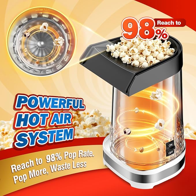 4.5Qt Hot Air Popcorn Popper - Oil-Free Healthy Popcorn Machine with Butter Melting Tray, Measuring Cup & One-Touch Switch, ETL Certified Popcorn Maker for Home, Movie Night, Party (White)