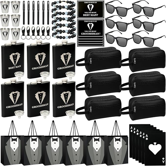 Set 6 Groomsmen Proposal Gifts - Groomsmen Gift Boxes with Leather Bag，Tuxedo Flask, Funnel，Shot Glasse，Poker Card Bottle Openers, Sunglasses, Pen，Bracelet, Card & Gift Bags for Wedding Party （Black）