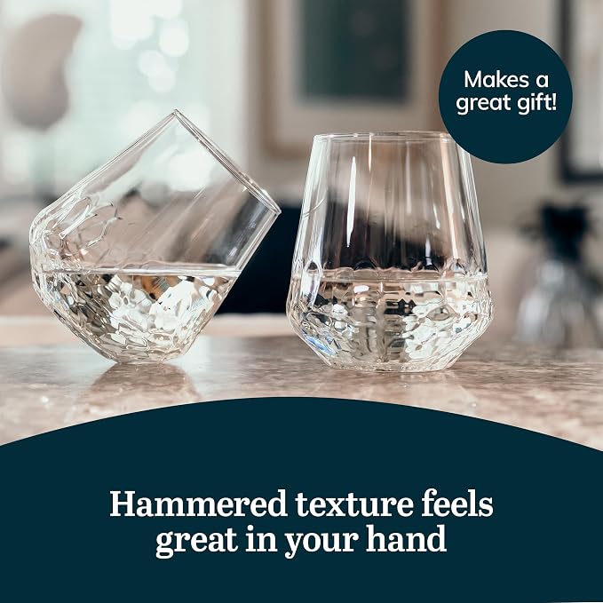 Libbey Hammered Stemless Wine Glasses Set of 8, 17.75-ounce, Dishwasher-Safe, Chiseled Textured Glassware Set, All Purpose Wine Glasses for Everyday Use