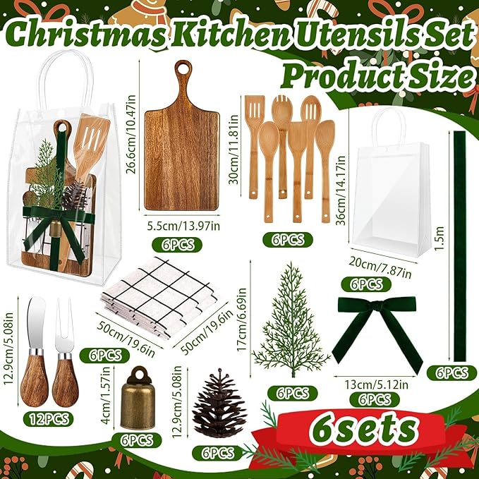6 Set Christmas Gift Kitchen Utensils Set Acacia Spatula Mini Cheese Board Pine Cones for Christmas Kitchen Holiday Gift Party Decor
