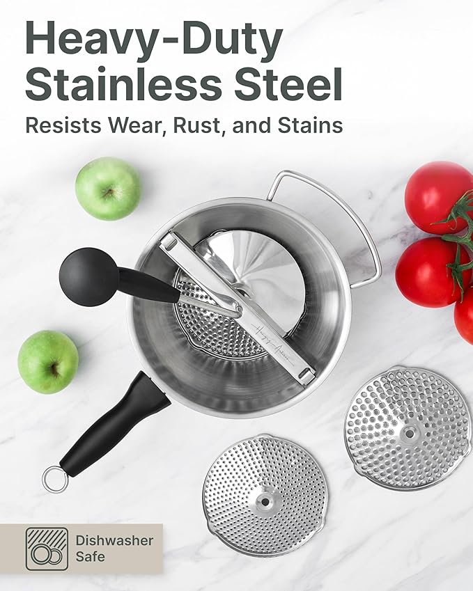 Compact Stainless Steel Food Mill with 3 Discs – Ergonomic Rotary Hand Crank with Removable Handles for Tomato Sauce, Applesauce, Baby Food, Mashed Potatoes & Puree