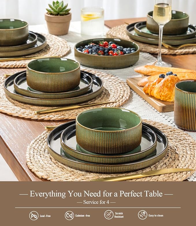 GBHOME 12-Piece Stoneware Dinnerware Set for 4 – Ribbed Ceramic Plates and Bowls, Scratch-Resistant, Microwave & Dishwasher Safe, Reactive Glaze, Rustic Green Gradient