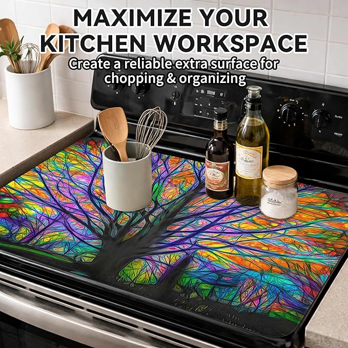 Decorative Stove Top Covers for Electric Stove 28"x20" – Heat Resistant Glass Cooktop Protector Dish Drying Mat – Non-Slip Rubber Backing Washer Top Cover Waterproof Extra Counter Space (Tree 1)
