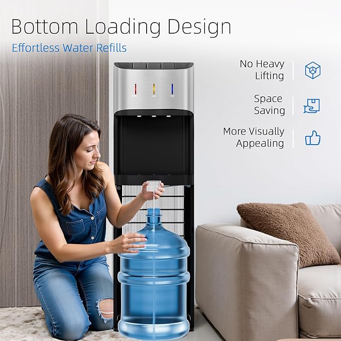 Manastin Bottom Loading Water Cooler Dispenser for 3-5 Gallon Bottles, 3 Temperature - Hot, Cold & Room Water with Child Lock, Ideal Design for Home & Office, Satin Silver