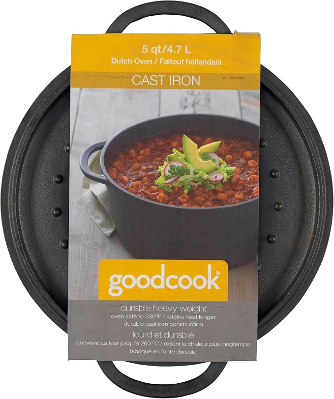 GoodCook Pre-Seasoned Cast Iron Dutch Oven, 5-Quart, Black
