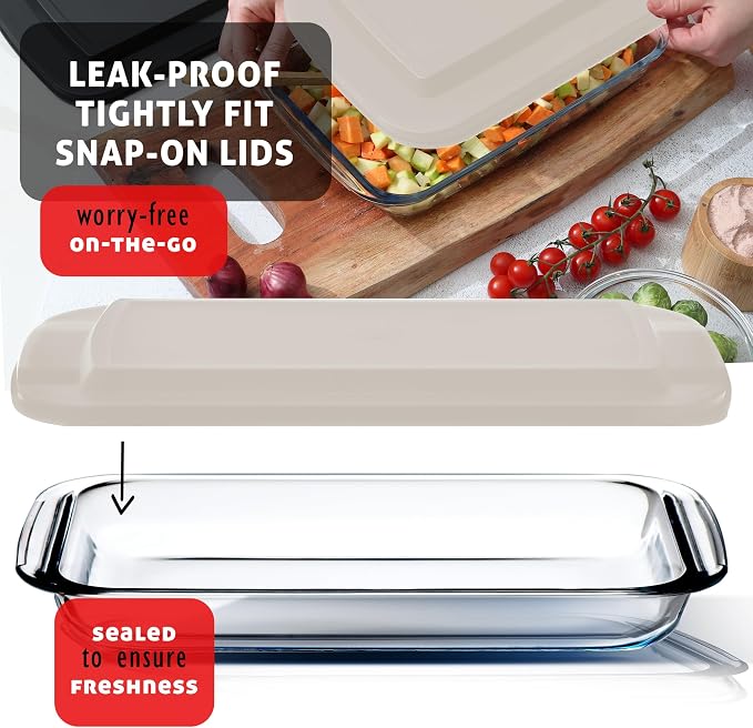 EATEX 16-Piece Deep Glass Casserole Dishes for Oven with Plastic lids, Rectangular Glass Baking Dish Set, Baking Pans for Lasagna, Leftovers, Cooking, Kitchen, Freezer-to-Oven and Dishwasher, Cream