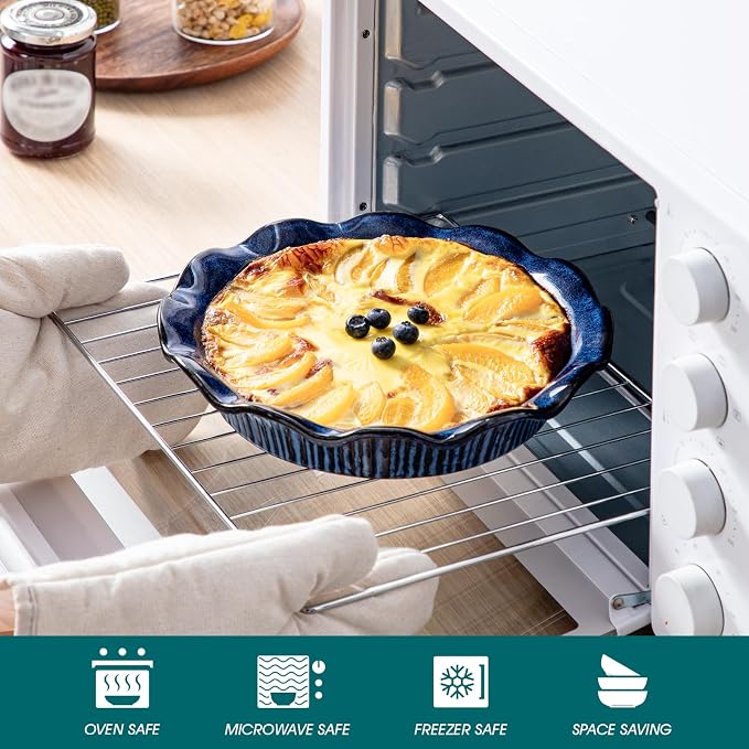 vancasso Ceramic Pie Pan for Baking, 9 inch Deep Pie Plates for Apple Pie, Pot Pie, Tart and Quiche, Reactive Glaze Fluted Pie Pans, Large Pie Dish with Ruffled Edge, Blue, STERN Series