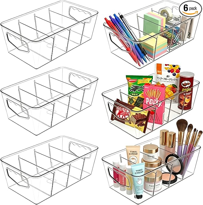 SPACELEAD 6 Pack Clear Pantry Organization Storage Bins with Dividers | Transform chaotic kitchen cabinets and refrigerators into a tidy food storage system. Easily find groceries and snacks.