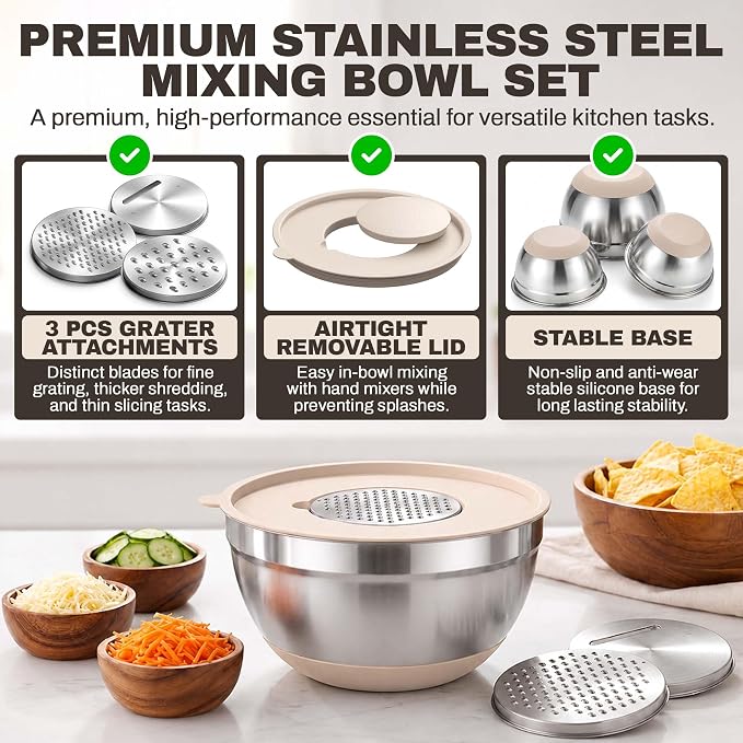 Four Flowers Heavy-Duty Mixing Bowls Set with airtight lids – 11 PCS Stainless Steel Nesting Kitchen Bowls, Mixing Bowls with Non-Slip Bottoms and Grater Attachment, Best for Mixing and Serving