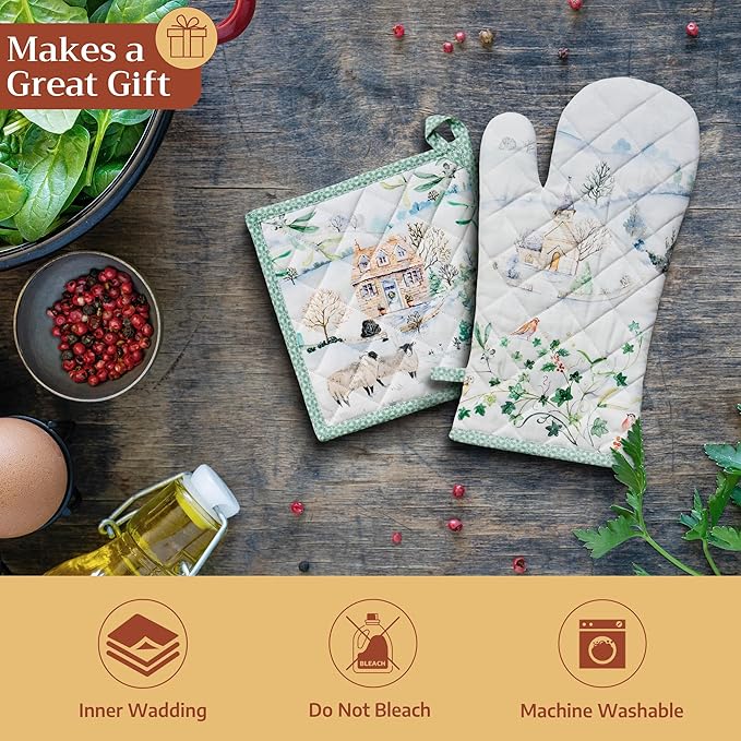 Maison d' Hermine Pot Holders 100% Cotton Heat Resistant Potholders 8" x 8" Hot Pads with Loop for Thanksgiving Christmas Decorations BBQ Cooking Baking Handling Hot Pans (Pack of 1, Snowy World)