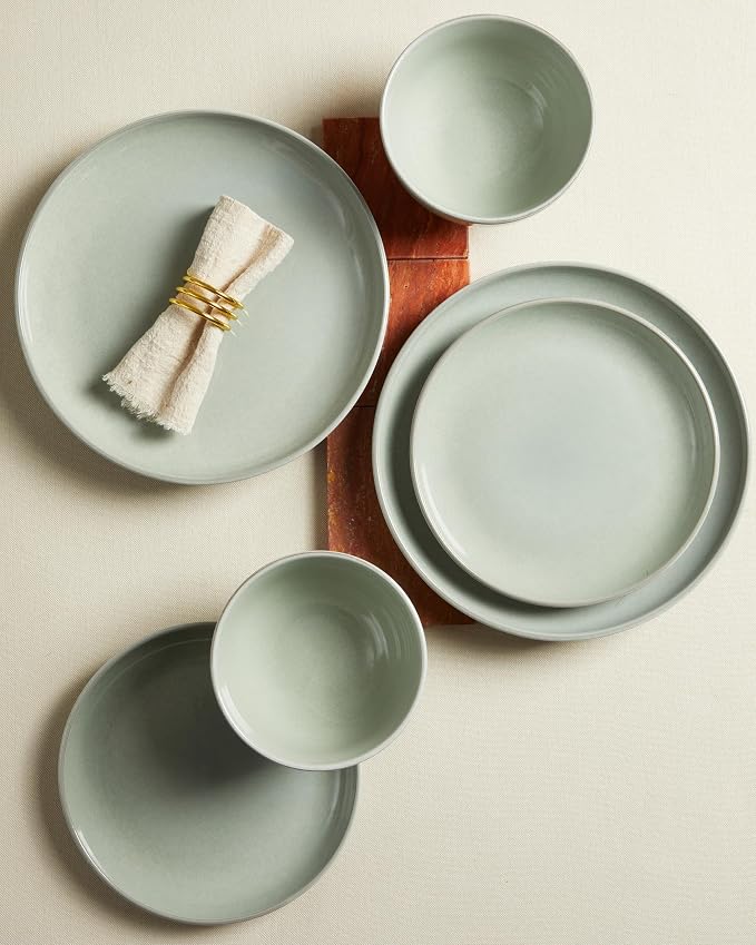 Pokini 24 Piece Dinnerware Set for 8, Santorini Mist Terracotta Plates and Bowls Sets, Complete Stoneware Dish Set for Large Families and Entertaining, Microwave & Dishwasher Safe, Slate Green