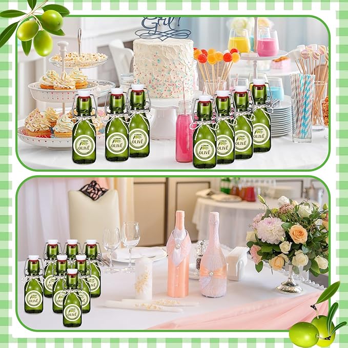 Queekay 20 Pack Mini Swing Top Glass Bottles for Vanilla Extract Homemade Olive Oil Bottles with Lids Airtight Cap Lids Labels for Wedding Baby Shower Favors(4 oz,Olive Green)