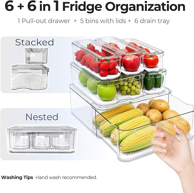 SMRCAD Refrigerator Organizers and Storage, 6 Pack with 1 Pull-Out Drawer and 5 Lidded Bins, Fruit Storage Containers for Fridge with Drain Trays, Helps Keep Produce Fresh