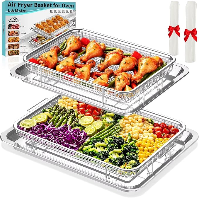 304 Stainless Steel Air Fryer Basket for Oven 2 Pack Crisper Tray Mesh Set | 2 sizes fit 16 wings/6 burgers, compatible with Frigidaire/Samsung oven, 304 steel non-stick mesh, dishwasher safe, 60 papers