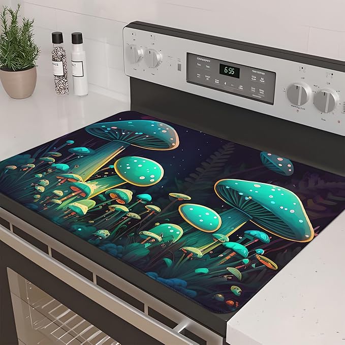 Decorative Stove Top Covers for Electric Stove 28"x20" – Heat Resistant Glass Cooktop Protector Dish Drying Mat – Non-Slip Rubber Backing Washer Top Cover Waterproof Extra Counter Space (Mushroom)