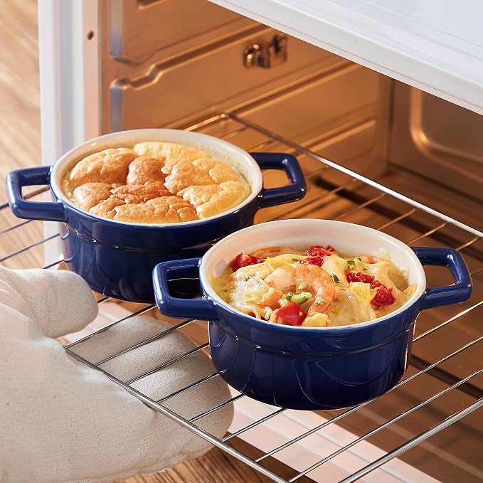 Lareina Mini Cocotte - 12oz Ceramic Casserole Dishes - Kitchen Casserole Sets With Handles And Lid - Small Baking Ramekins - Oven, Microwave & Dishwasher Safe - Set of 4 - Blue
