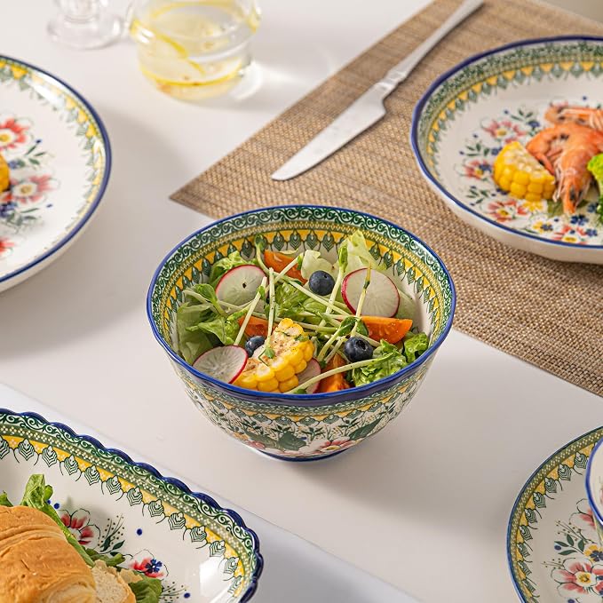 24-Piece Ceramic Dinnerware Set, Service for 8, Bohemian Floral Dish Set, Includes Plates and Bowls Sets, Microwave & Oven & Dishwasher Safe, Vintage Dish Set