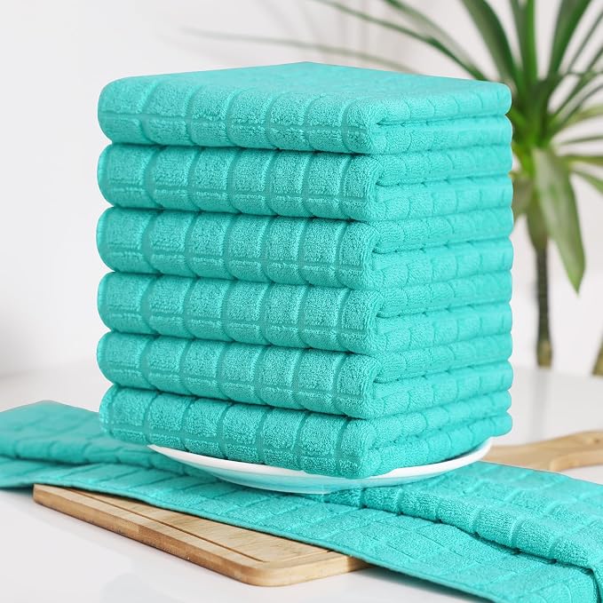 Homaxy Premium Cotton Kitchen Towels 16"x 28", Large Natural Ring Spun 390 GSM Dish Towels, Super Absorbent Terry Kitchen Hand Towels, Soft Tea Towels with Hanging Loop, Pure Aqua Check Design, 4 Pack