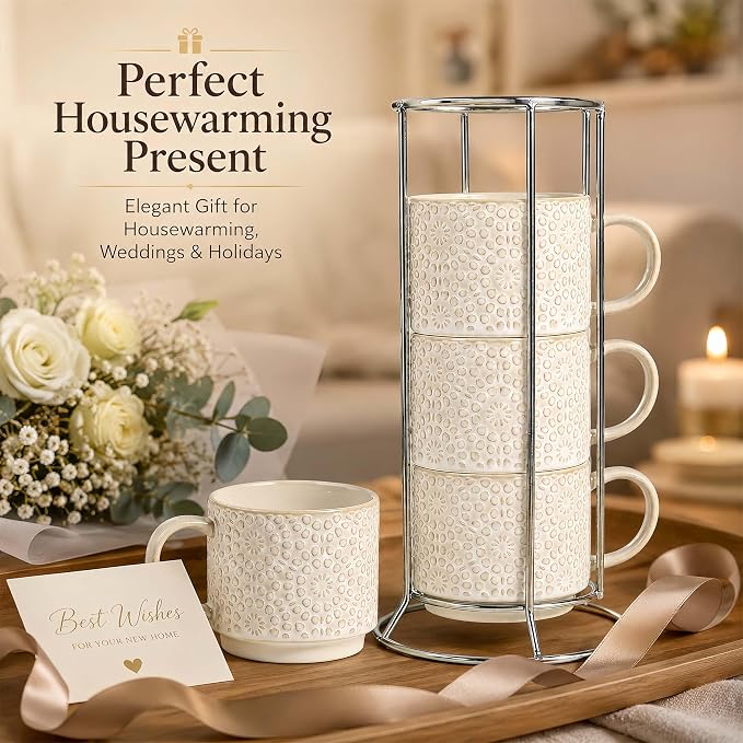 6 Oz Coffee Cups Set of 4, Stackable Espresso Cups with Metal Stand, Ceramic Cappuccino Cup, Embossed Coffee Mugs for Latte, Cocoa, Mocha, Tea, Housewarming Present, Dishwasher Safe
