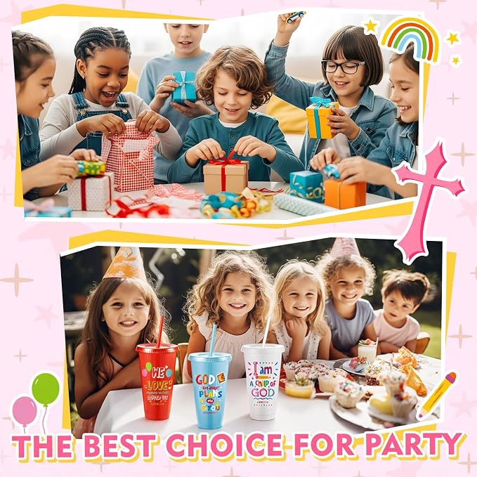Uiifan 100 Pcs VBS Christian Cups for Kids Bulk, Reusable Plastic Tumblers with Lids and Straws, Bible Verse Cups for Sunday School, VBS, Church Events, Classroom Rewards, Kids Party (Multicolor)