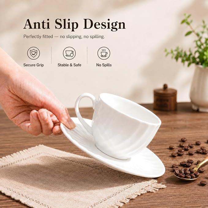Fine Bone China Cappuccino Cups with Saucers Set of 4, 7 Oz Lightweight Coffee Tea Cups, Spiral Pattern Espresso Cups for Latte, Mocha, Macchiato, Afternoon Tea Gift